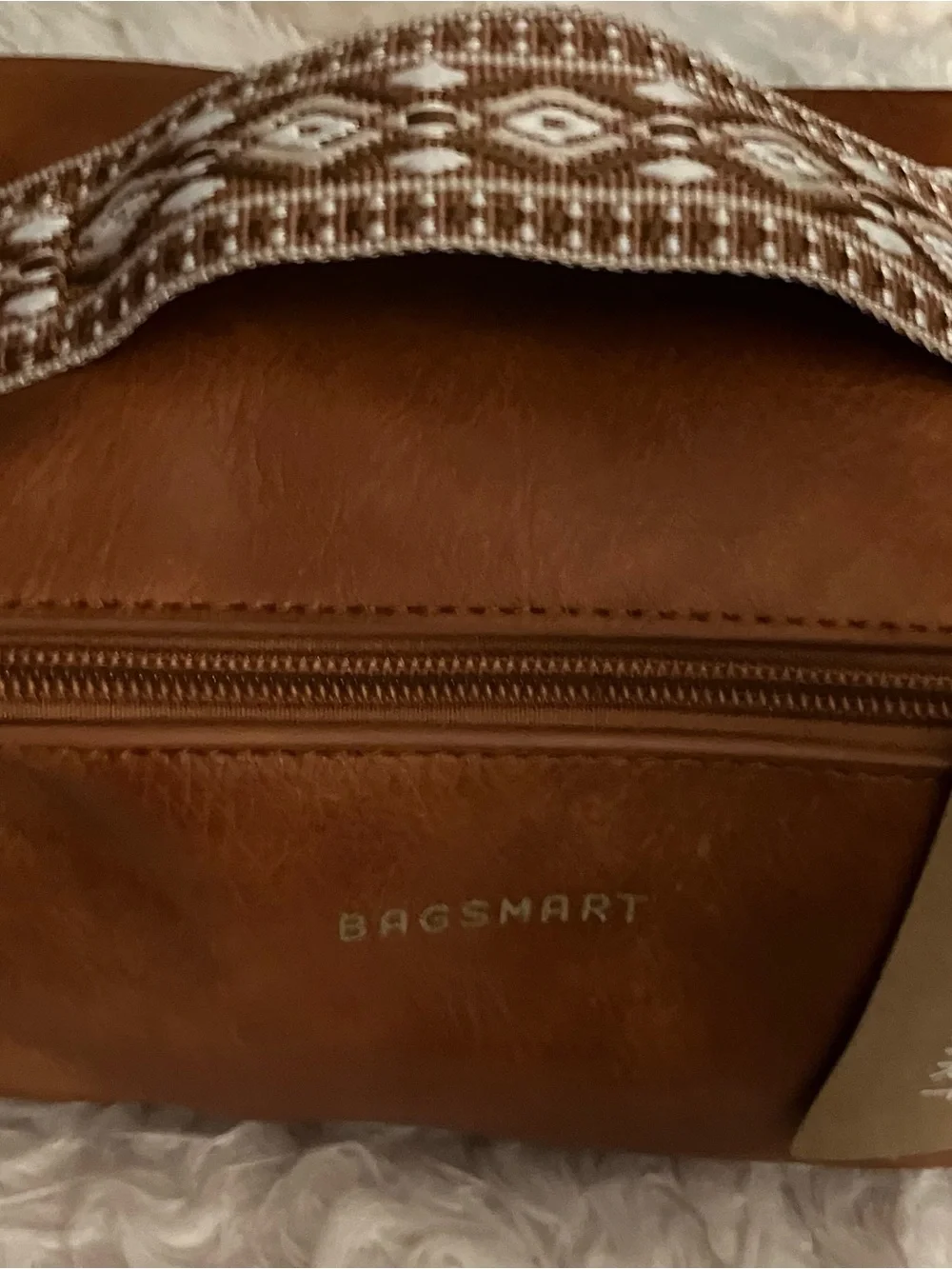 Brown Leather Crossbody Bag with Patterned Strap